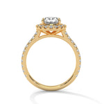 Gold ring with a large diamond on a white background 