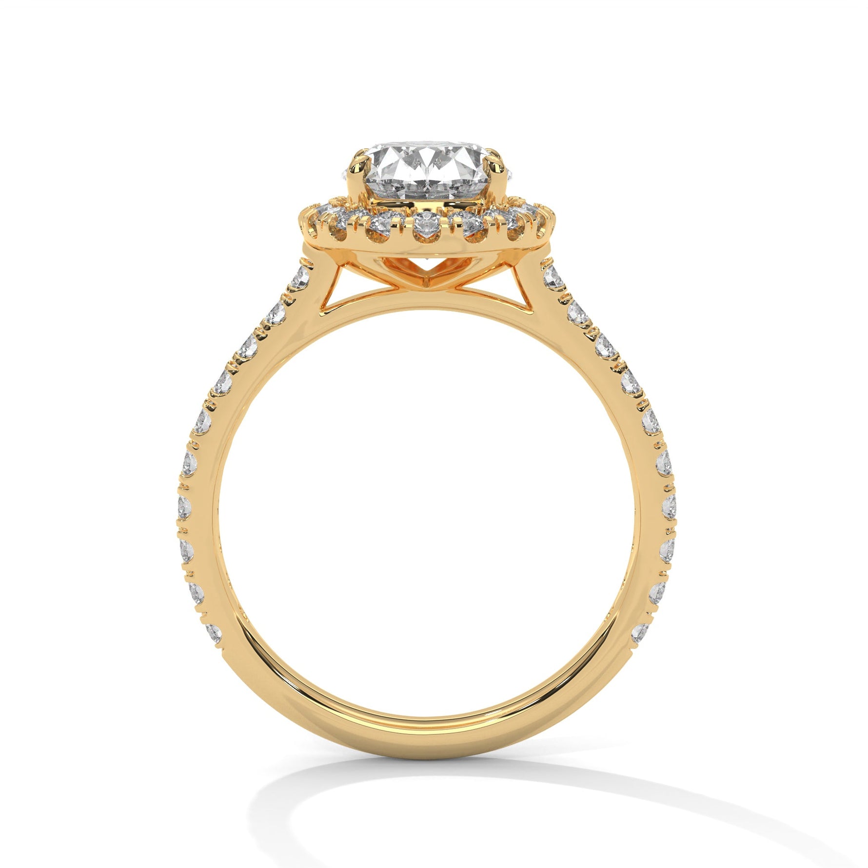 Gold ring with a large diamond on a white background 
