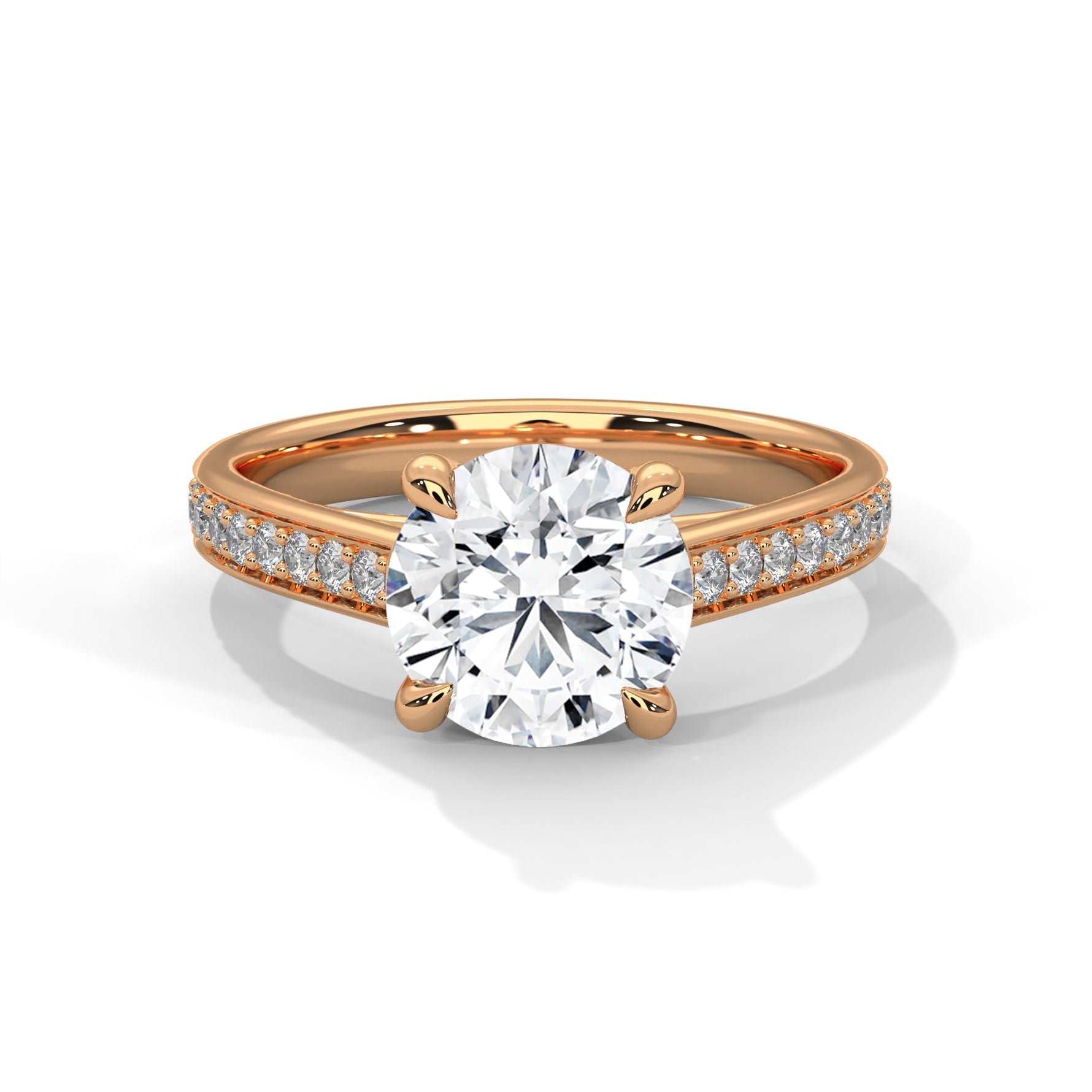 Rose gold ring with a large diamond on a white background #rose-gold