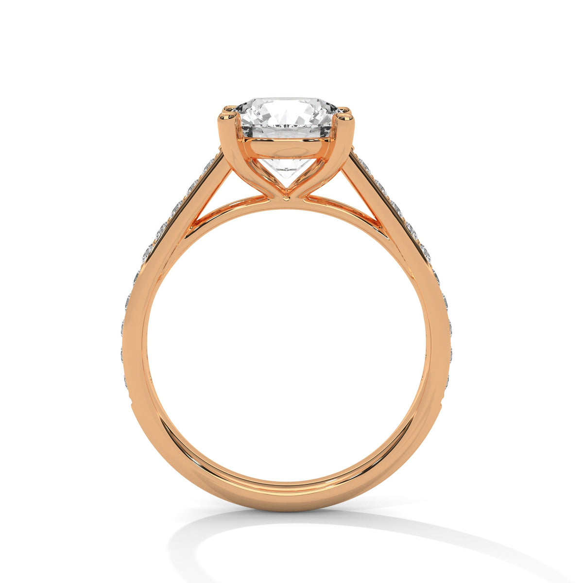 Rose gold ring with a large diamond on a white background 