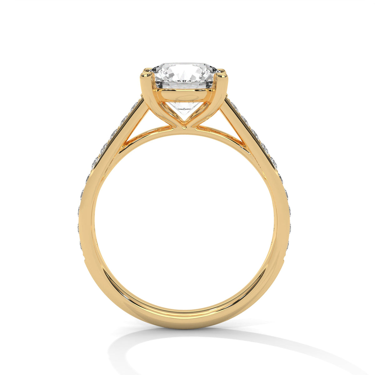 Gold ring with a large diamond on a white background 