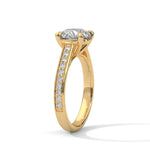 Gold ring with a large diamond on a white background 