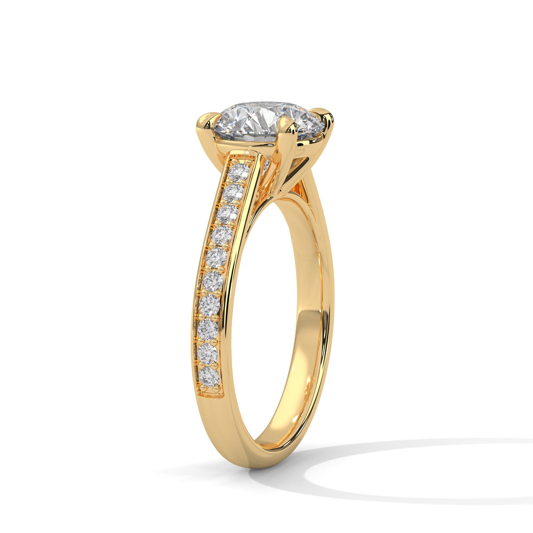 Gold ring with a large diamond on a white background 