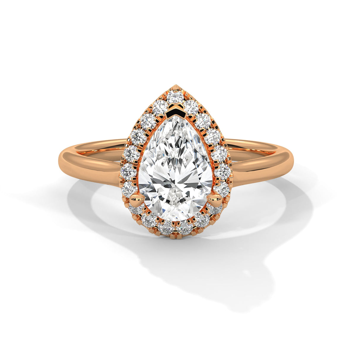 Rose gold ring with a large diamond on a white background 