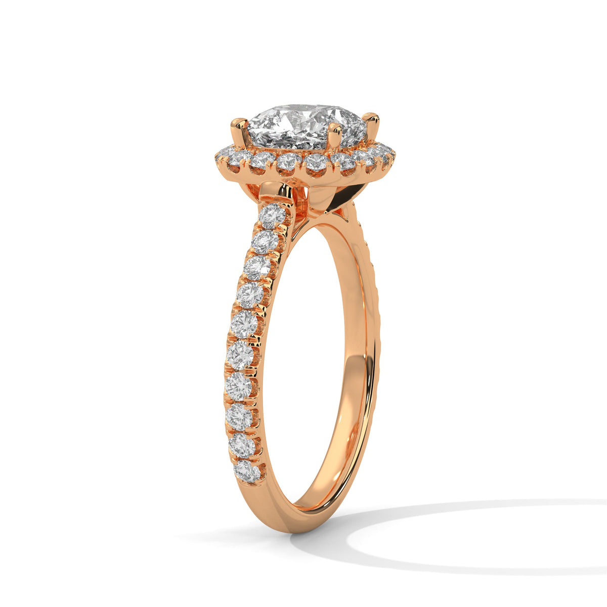 Rose gold ring with a large diamond on a white background 