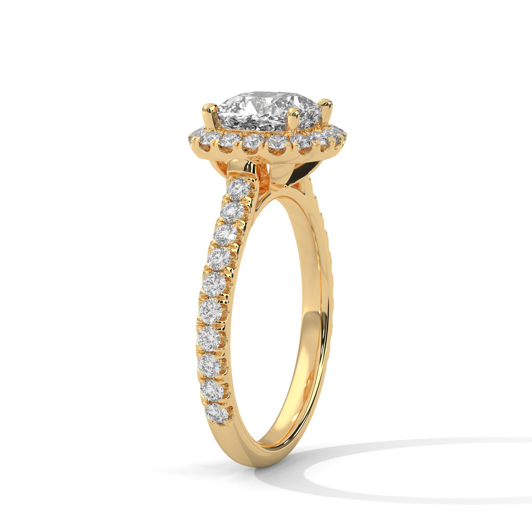 Gold ring with a large diamond on a white background 