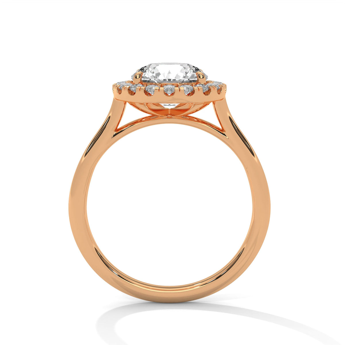 Rose gold ring with a large diamond on a white background 