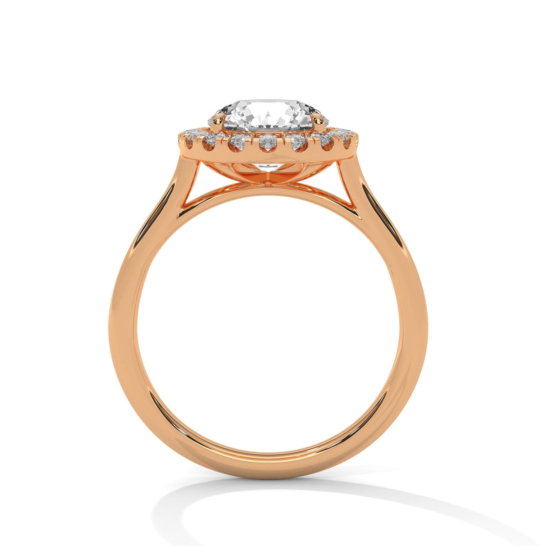 Rose gold ring with a large diamond on a white background 