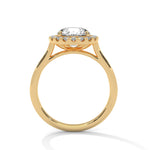 Gold ring with a large diamond on a white background 