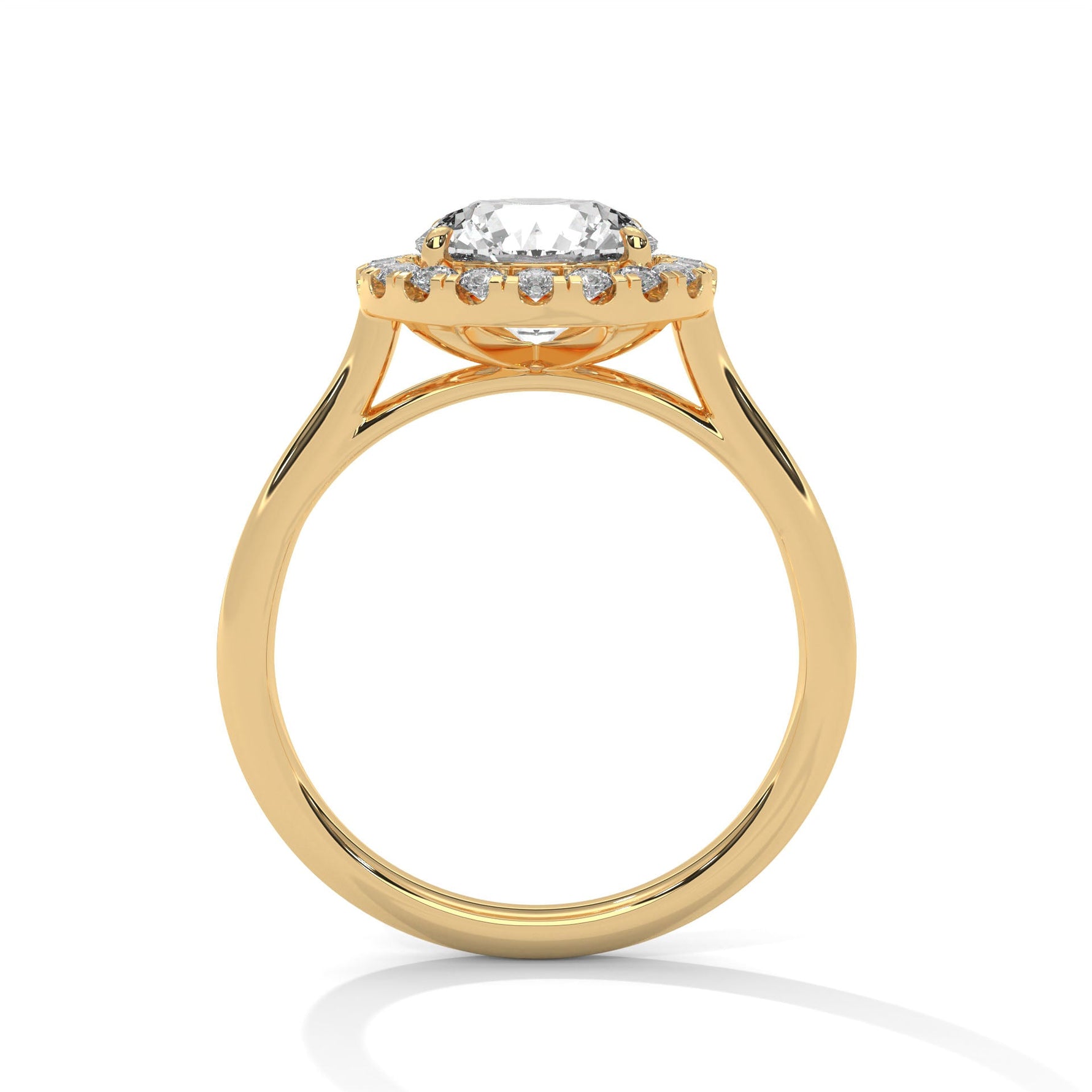 Gold ring with a large diamond on a white background 