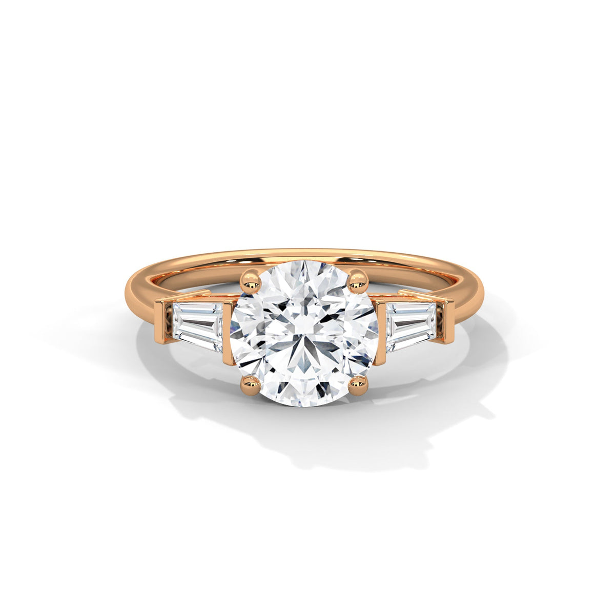 Rose gold ring with a large diamond on a white background 
