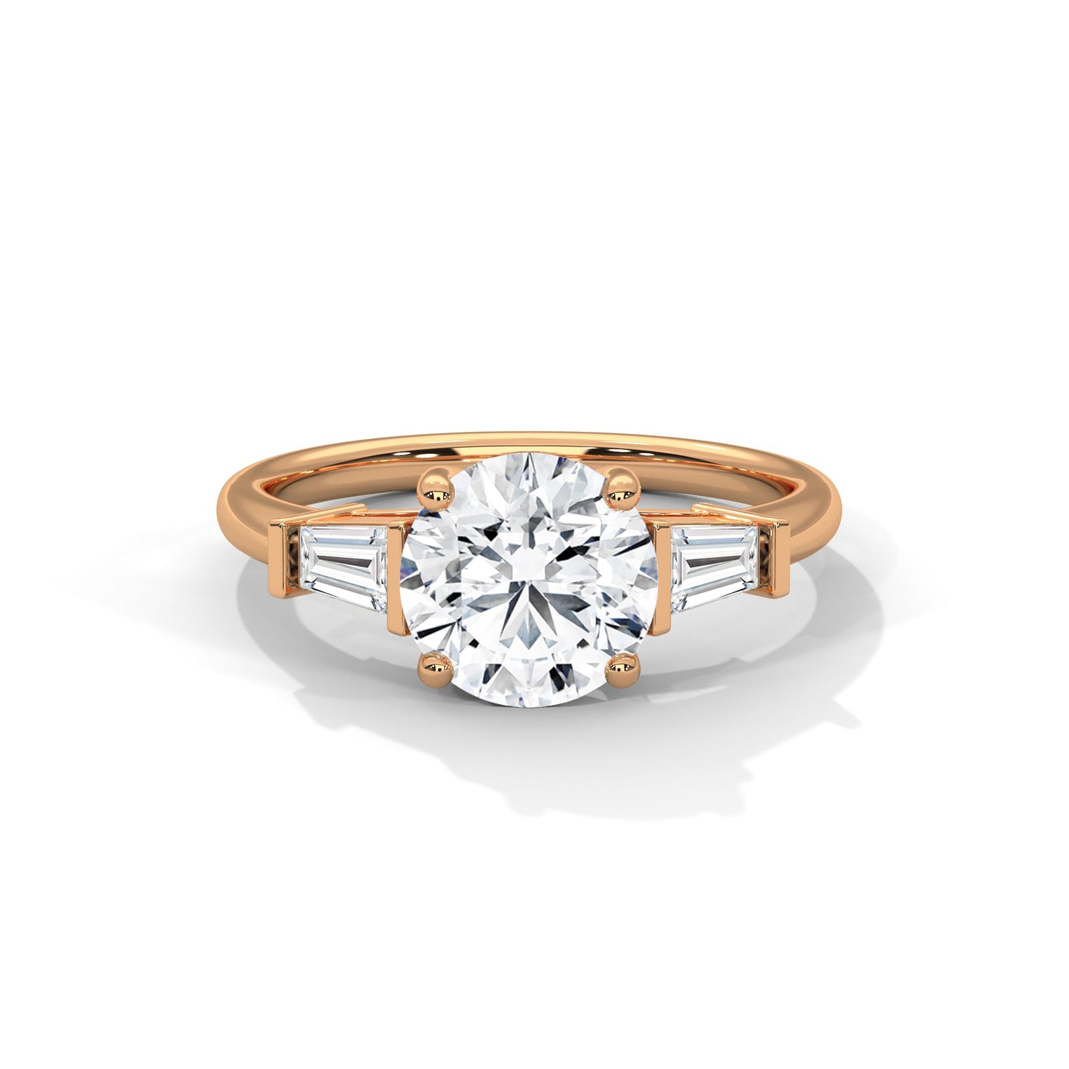 Rose gold ring with a large diamond on a white background 