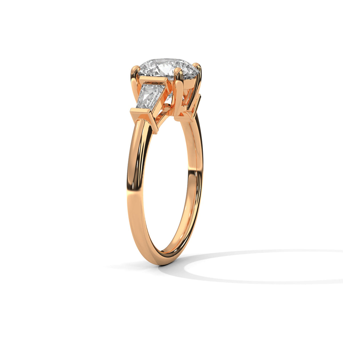 Rose gold ring with a large diamond on a white background 