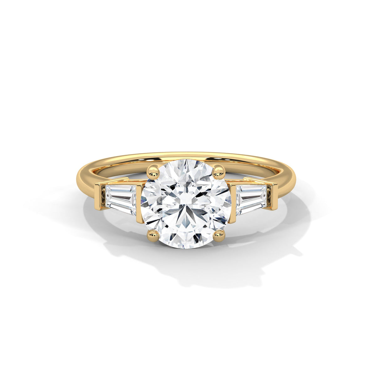 Gold ring with a large diamond on a white background 
