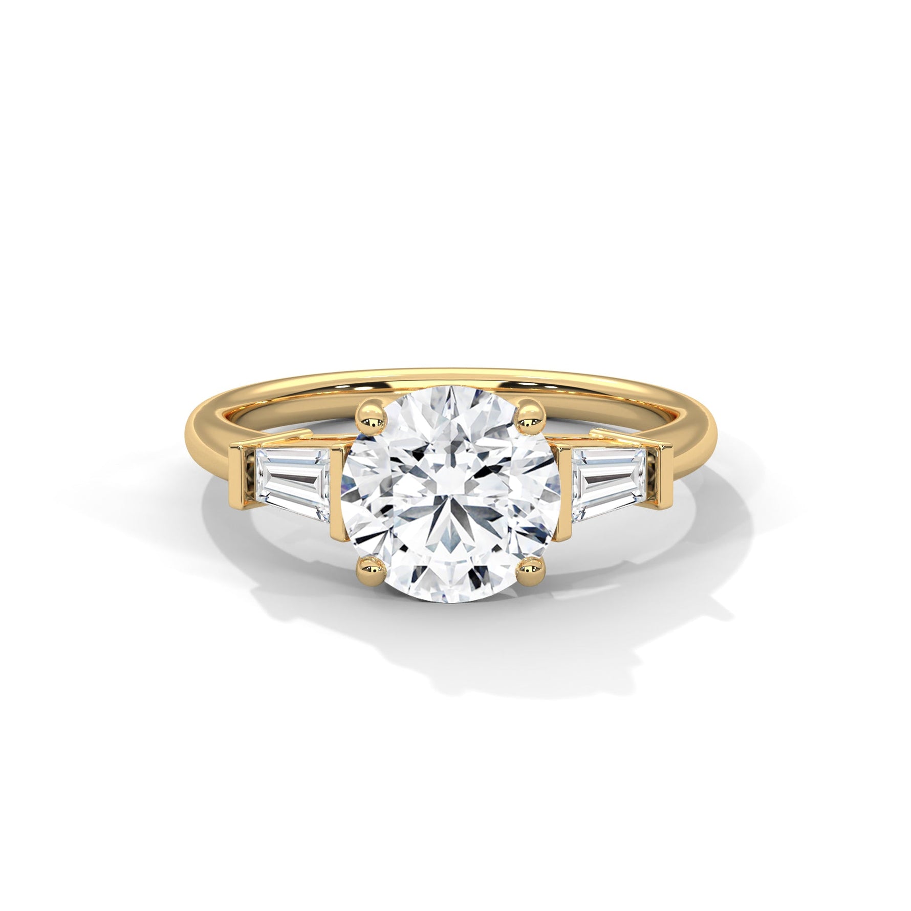 Gold ring with a large diamond on a white background 