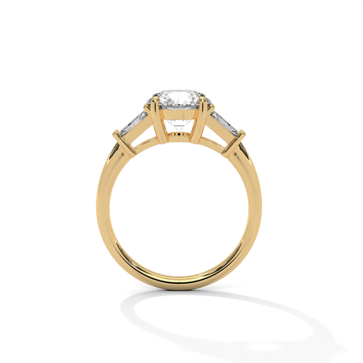 Gold ring with a large diamond on a white background 