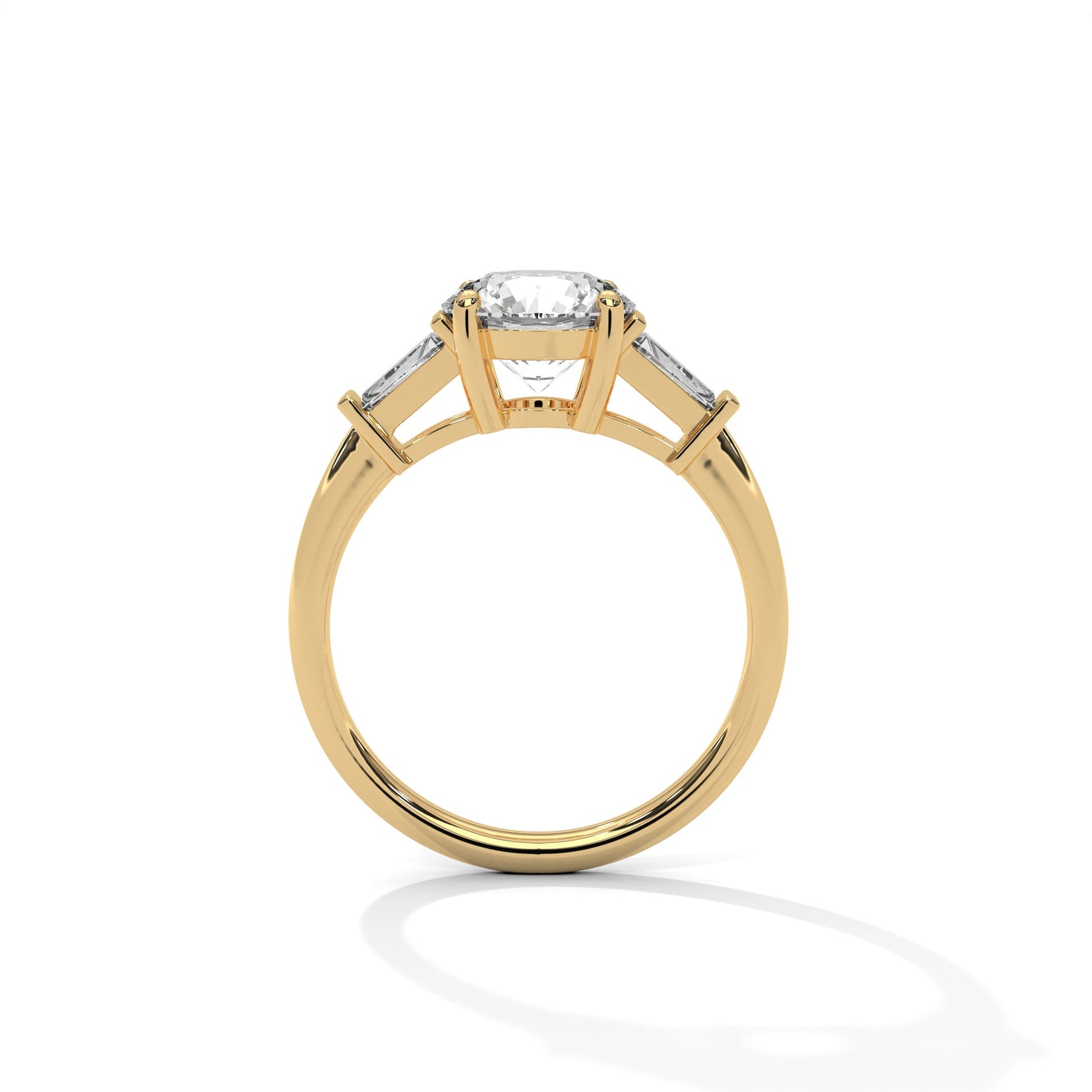 Gold ring with a large diamond on a white background 