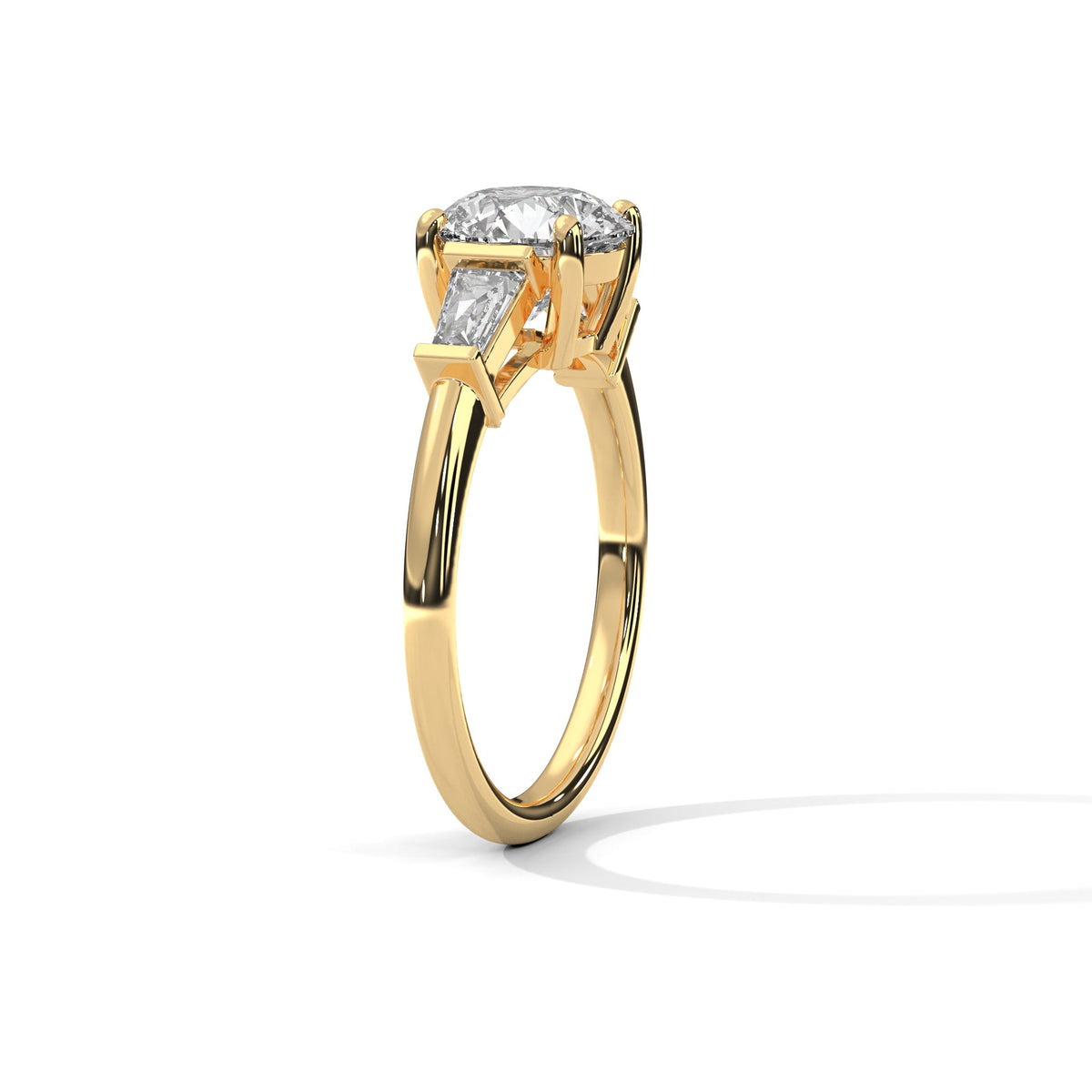 Gold ring with a large diamond on a white background 