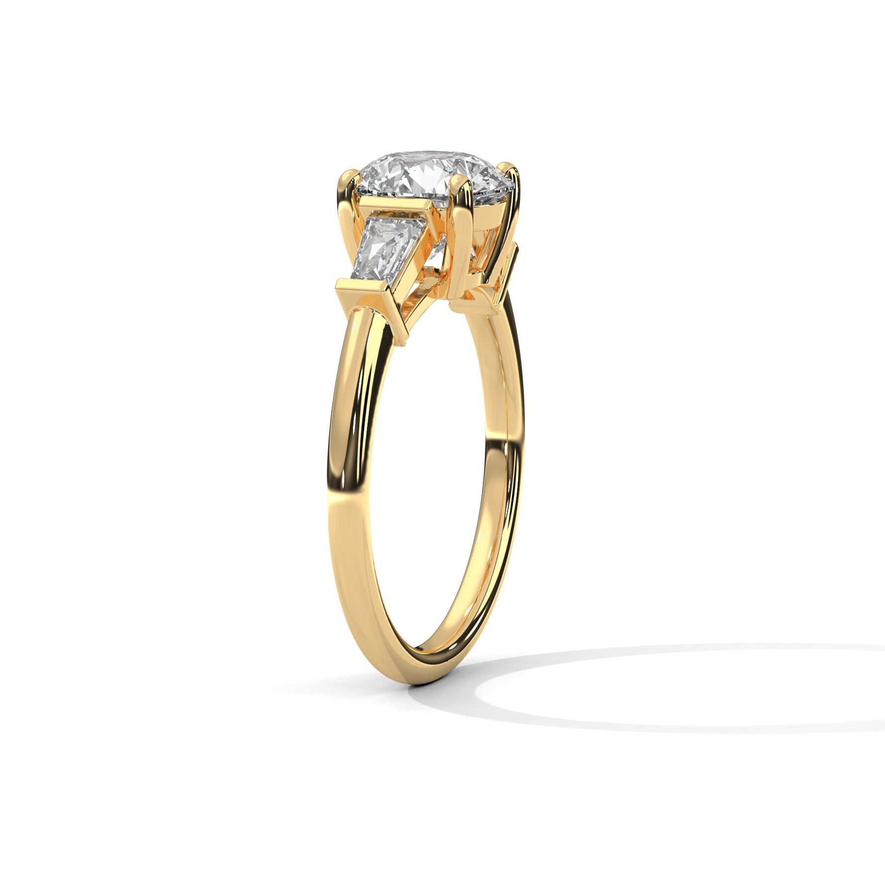 Gold ring with a large diamond on a white background 
