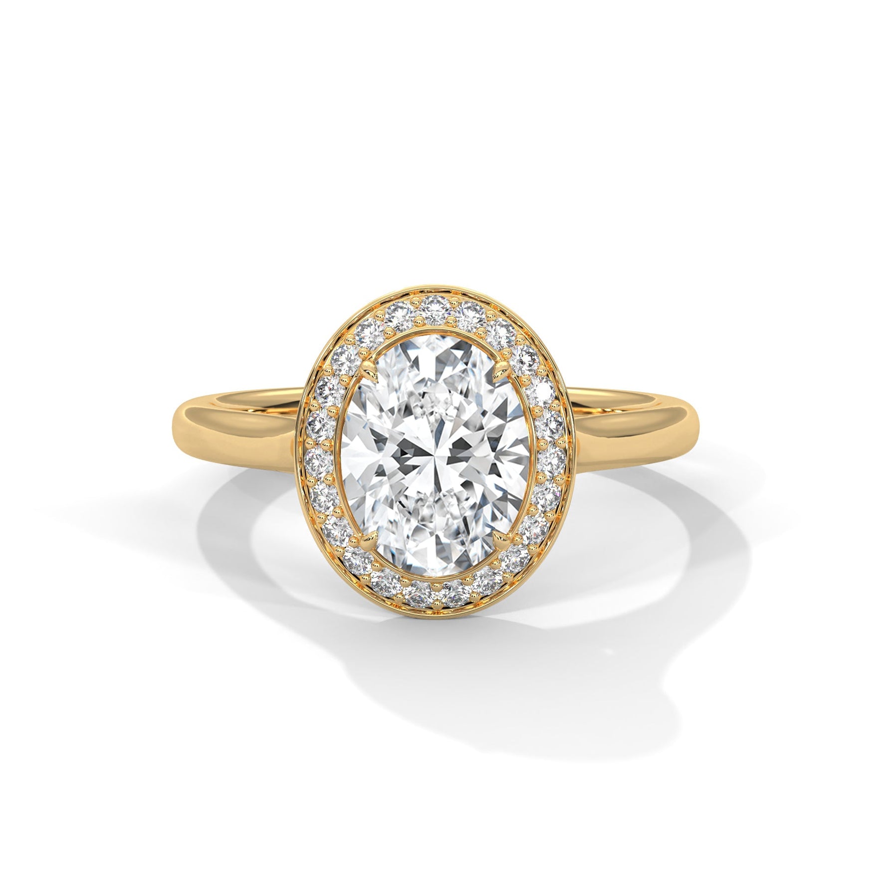 Gold ring with a large diamond on a white background 