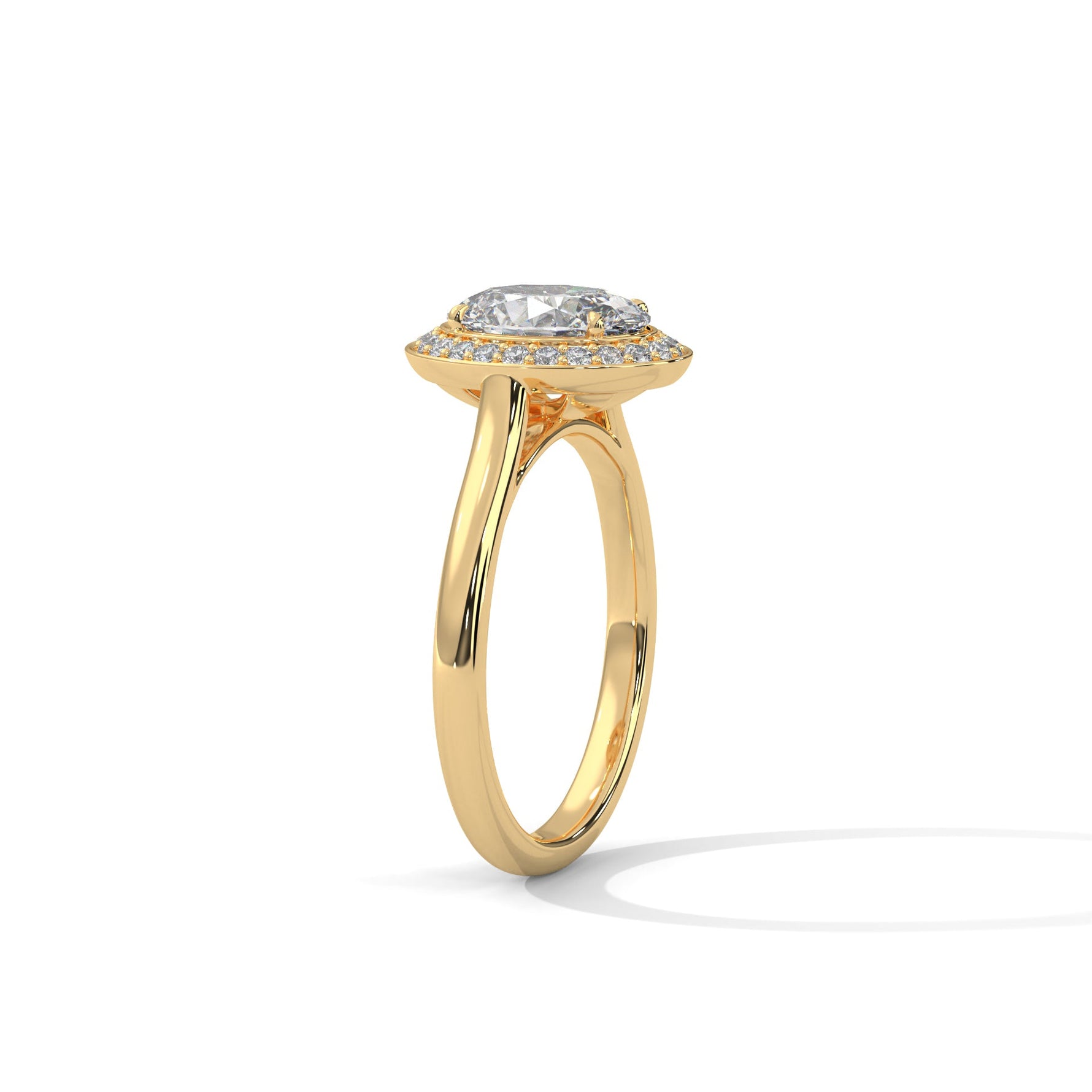 Gold ring with a large diamond on a white background 