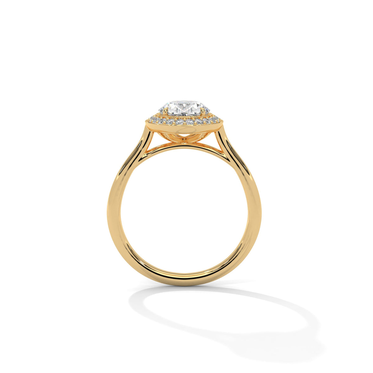 Gold ring with a large diamond on a white background 