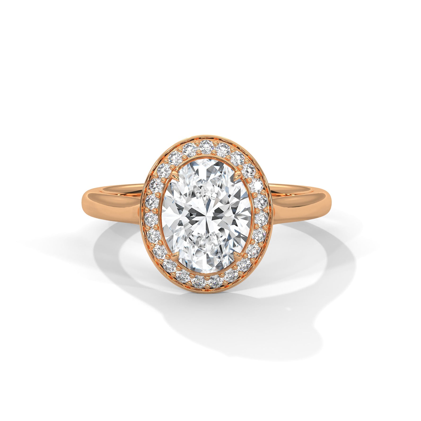 Rose gold ring with a large diamond on a white background #rose-gold