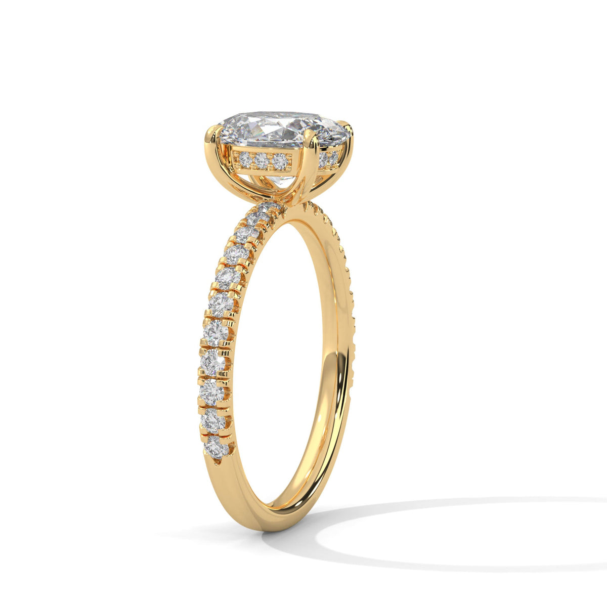Gold ring with a large diamond on a white background 