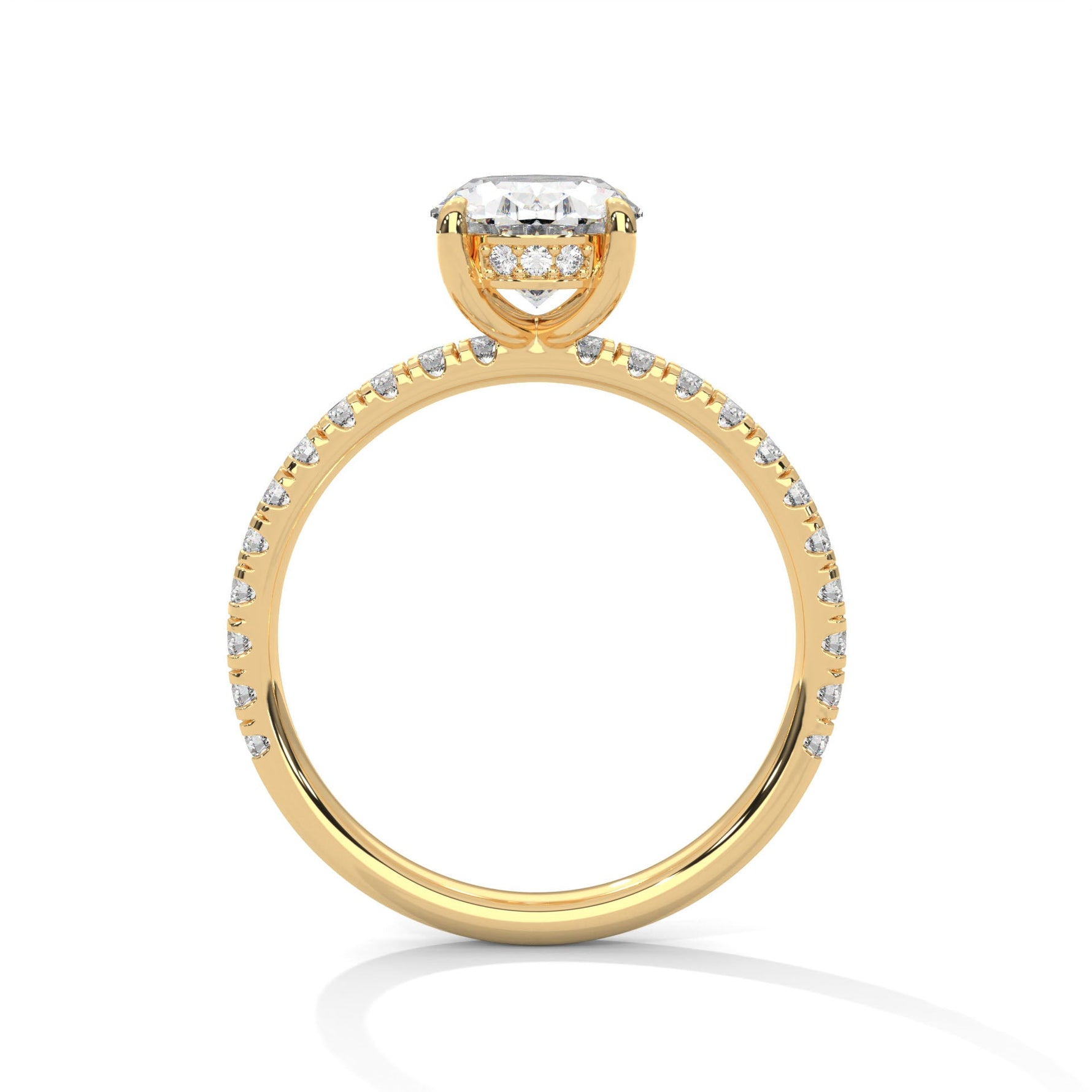 Gold ring with a large diamond on a white background 