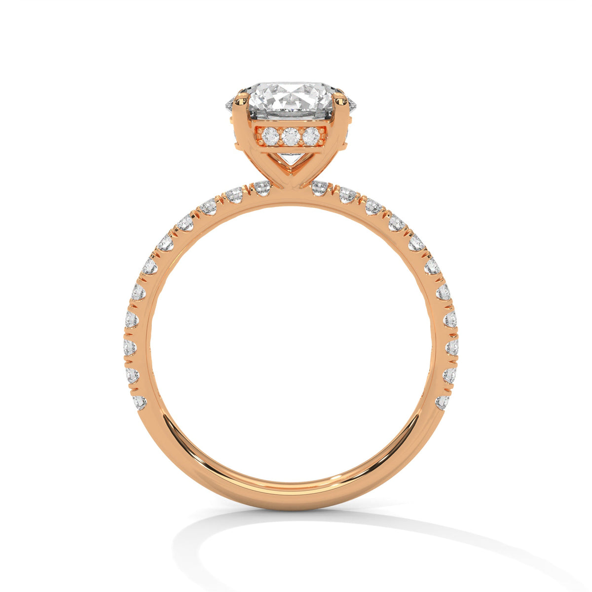 Rose gold ring with a large diamond on a white background 