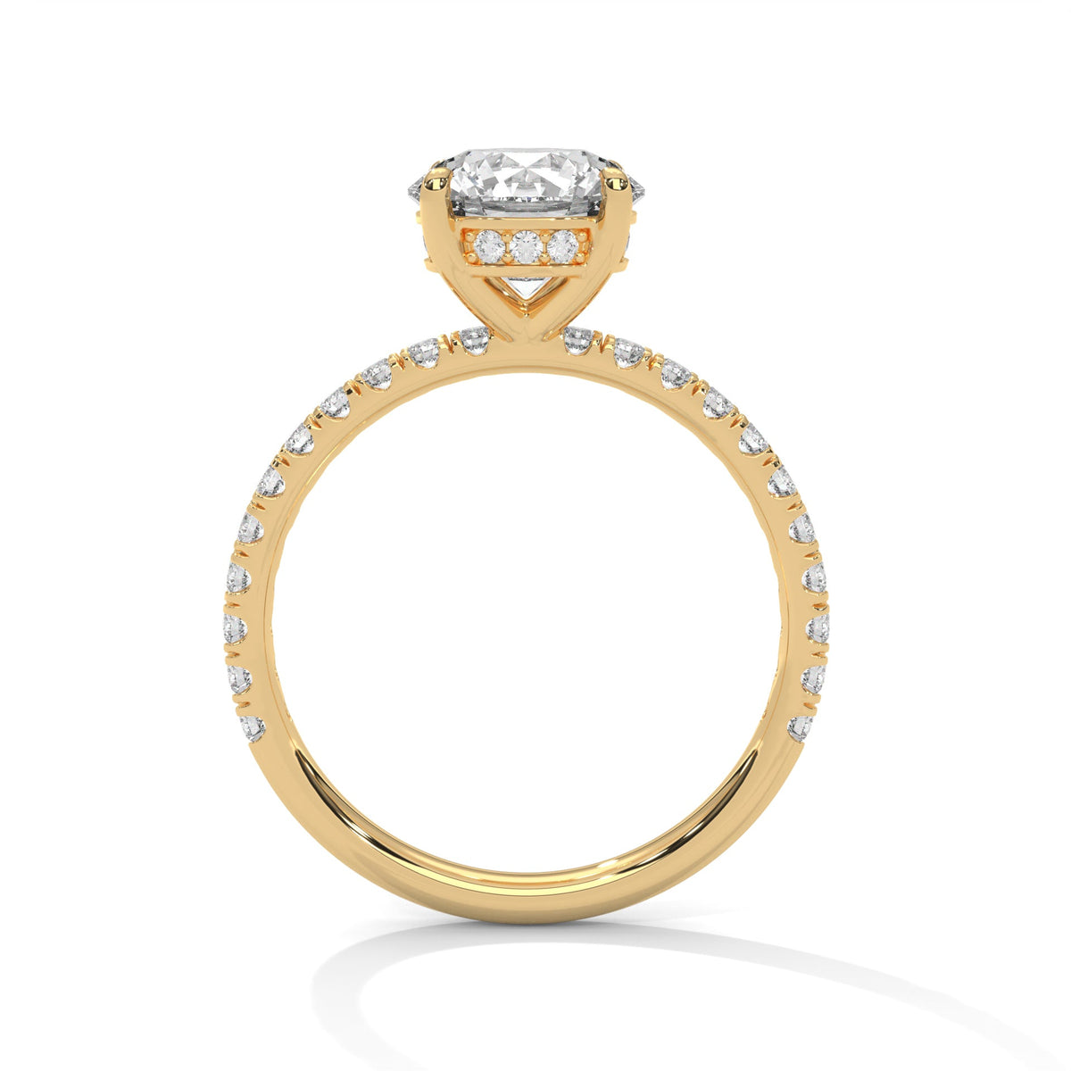 Gold ring with a large diamond on a white background 