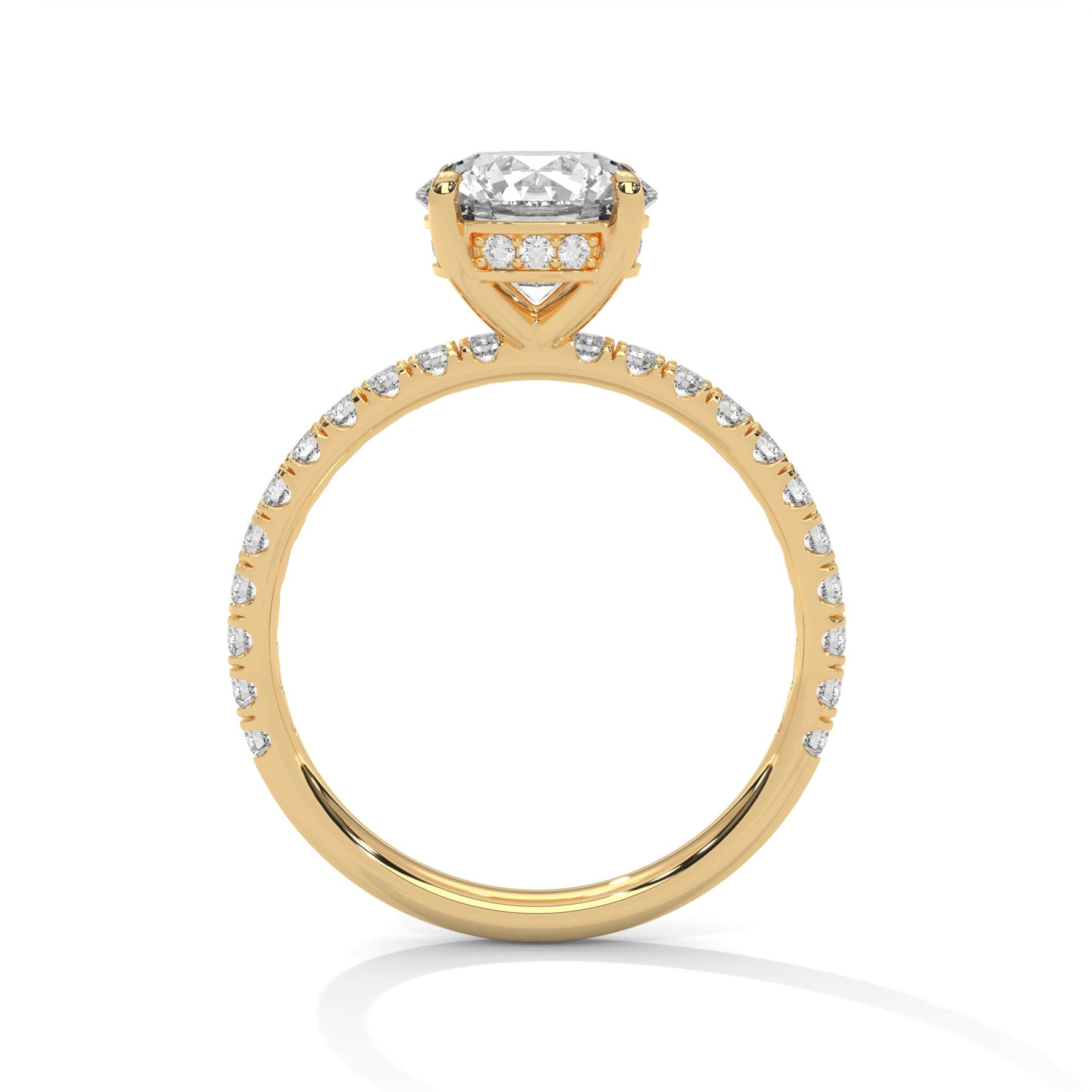 Gold ring with a large diamond on a white background 