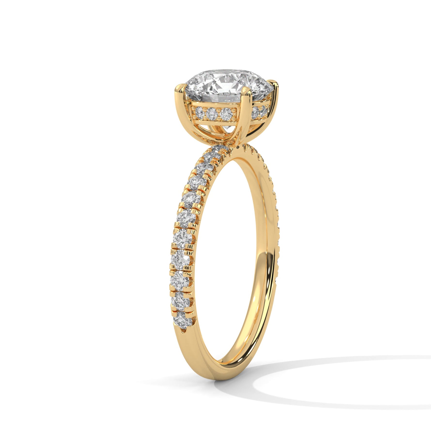 Gold ring with a large diamond on a white background 