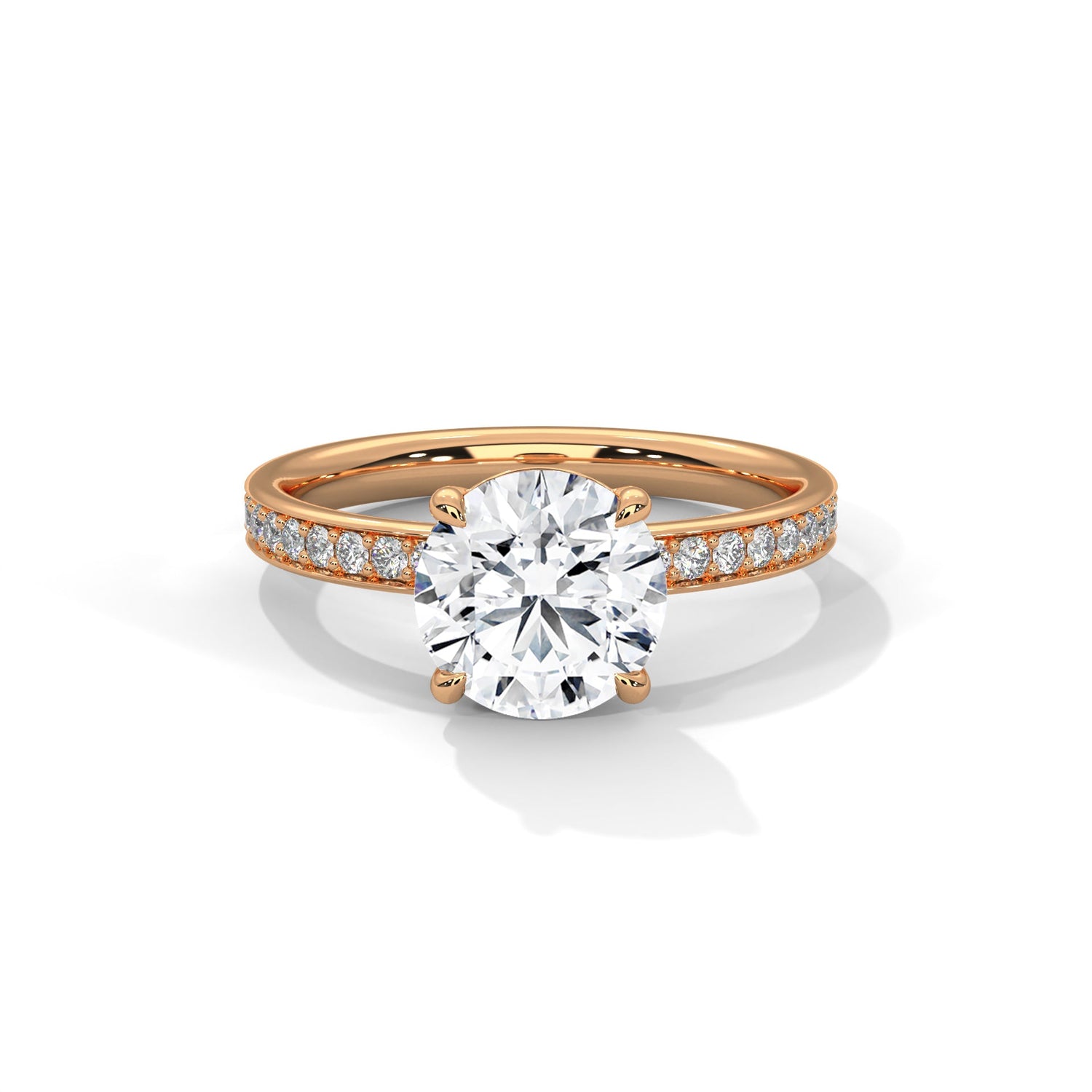 Rose gold ring with a large diamond on a white background 