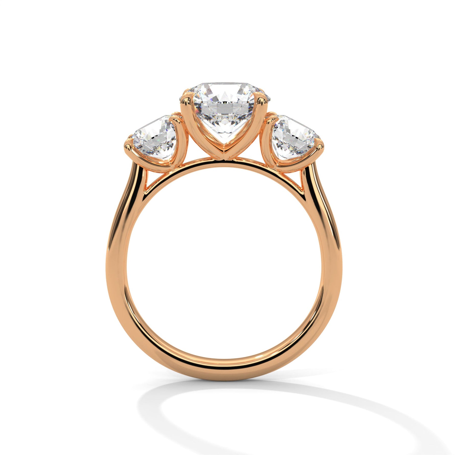 Rose gold ring with a large diamond on a white background 