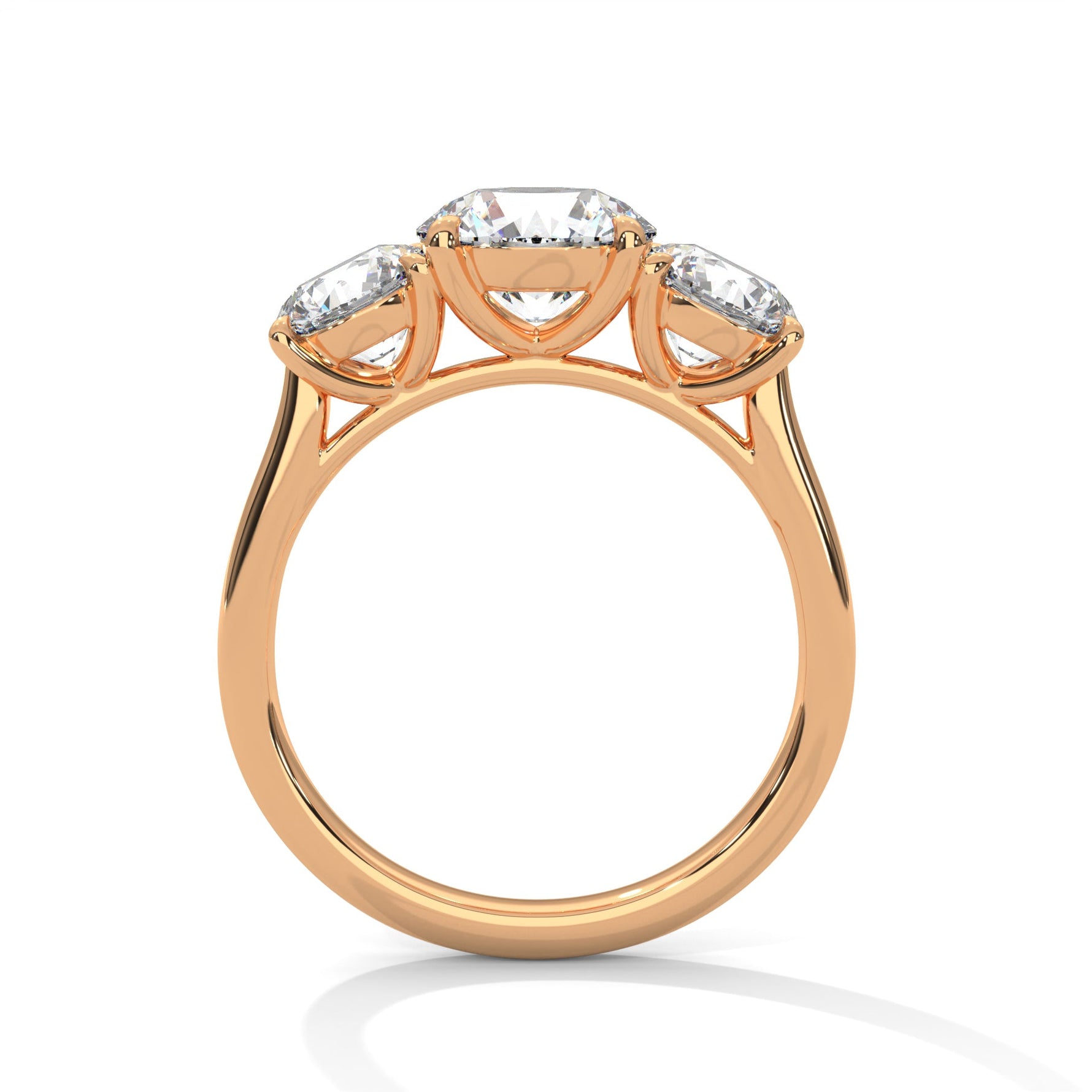 Rose gold ring with a large diamond on a white background 