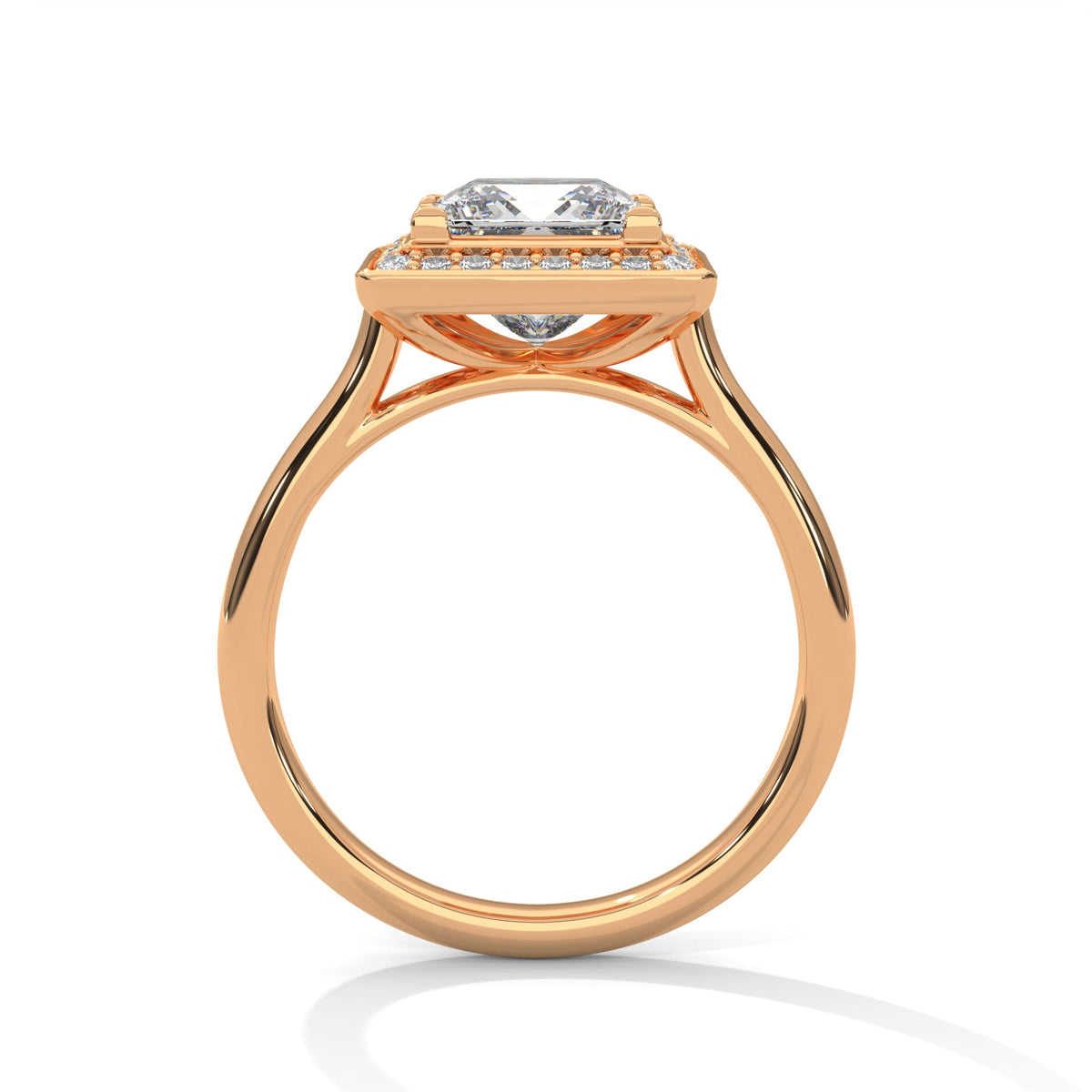 Rose gold ring with a large diamond on a white background 