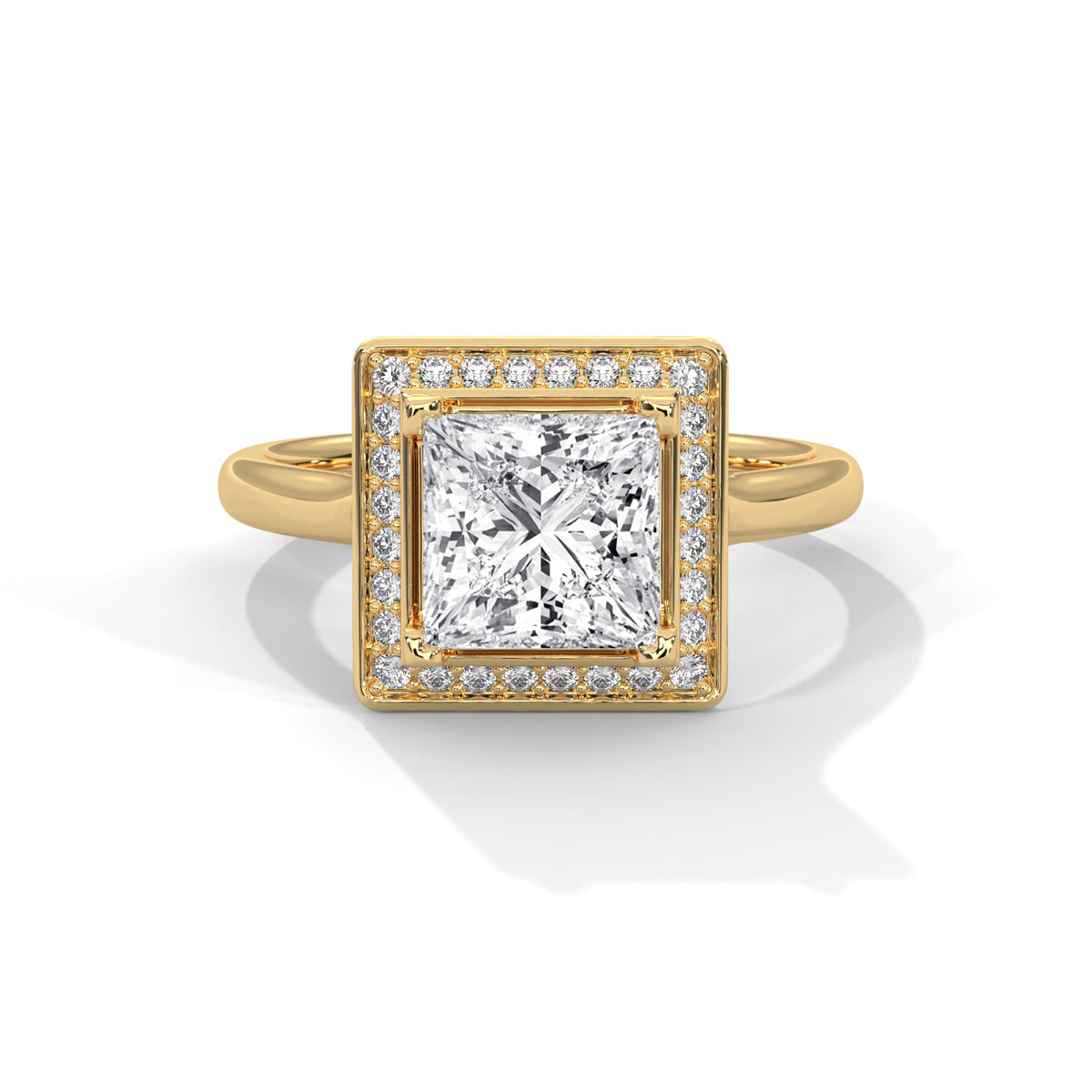 Gold ring with a large diamond on a white background 