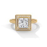 Gold ring with a large diamond on a white background 