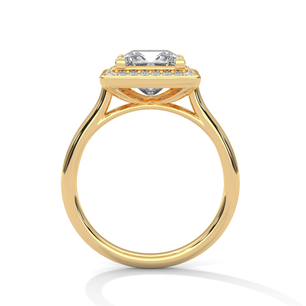 Gold ring with a large diamond on a white background 