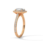 Rose gold ring with a large diamond on a white background 