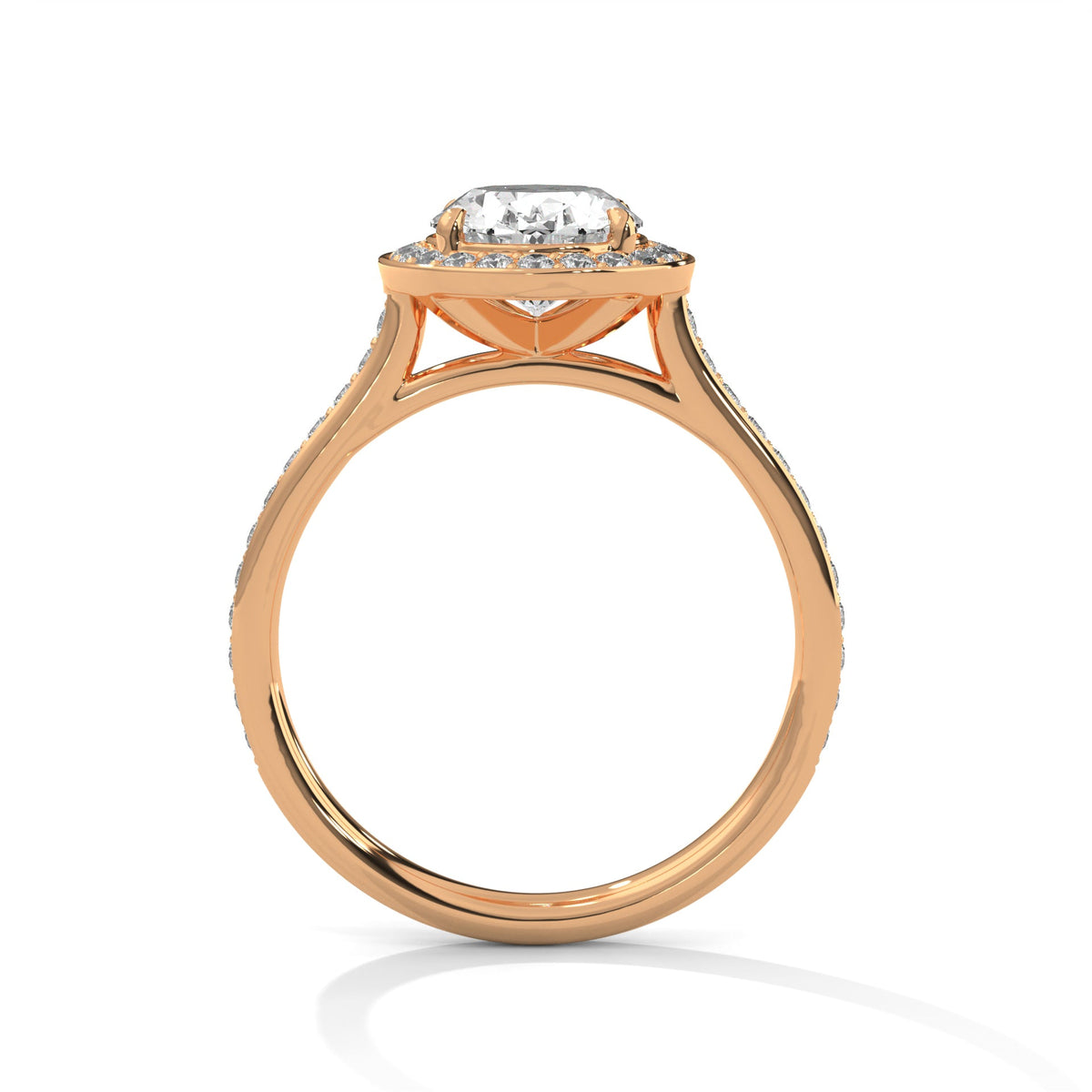 Rose gold ring with a large diamond on a white background 