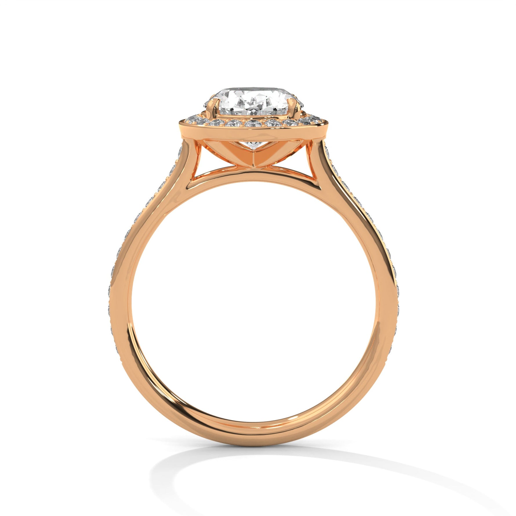 Rose gold ring with a large diamond on a white background 