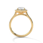Gold ring with a large diamond on a white background 