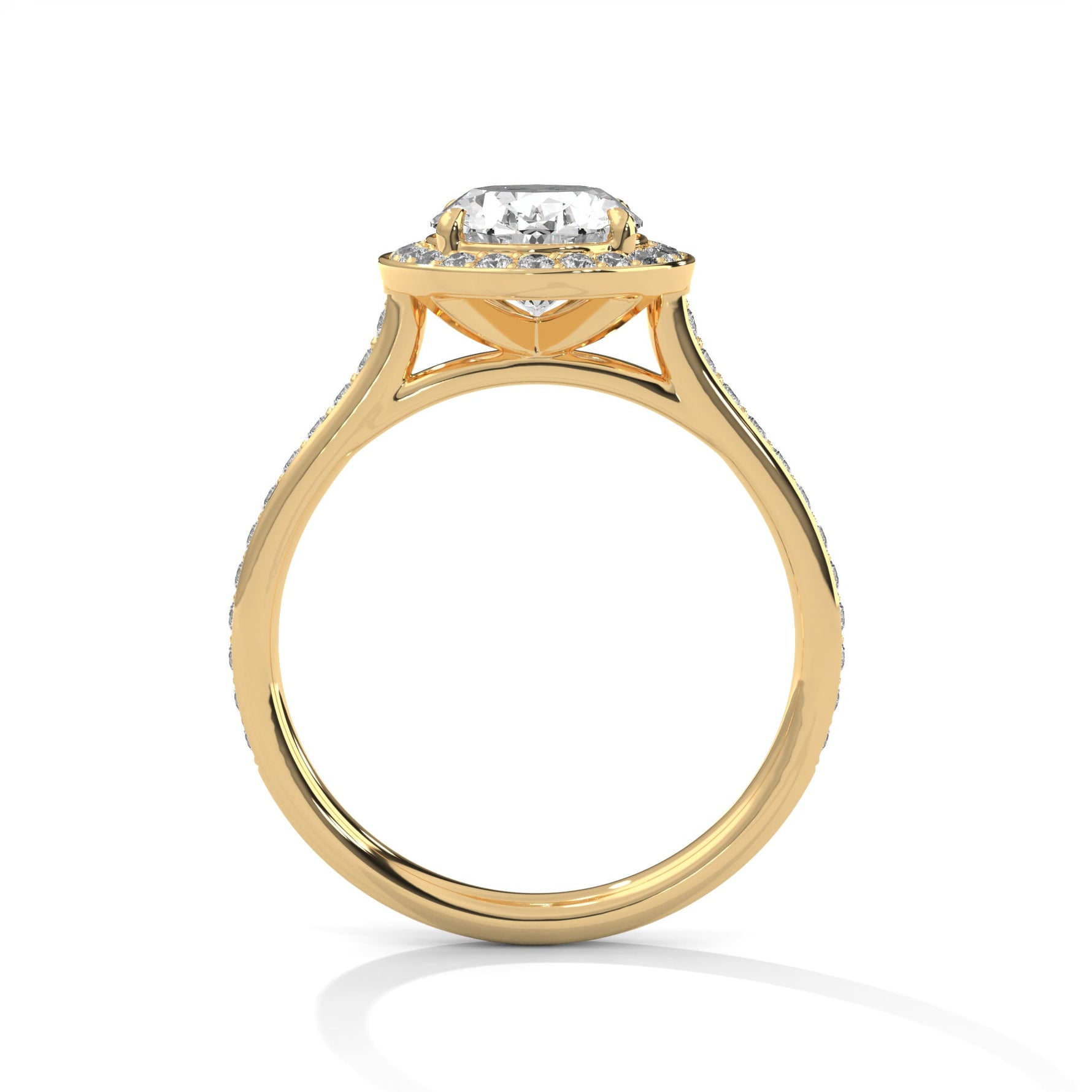 Gold ring with a large diamond on a white background 