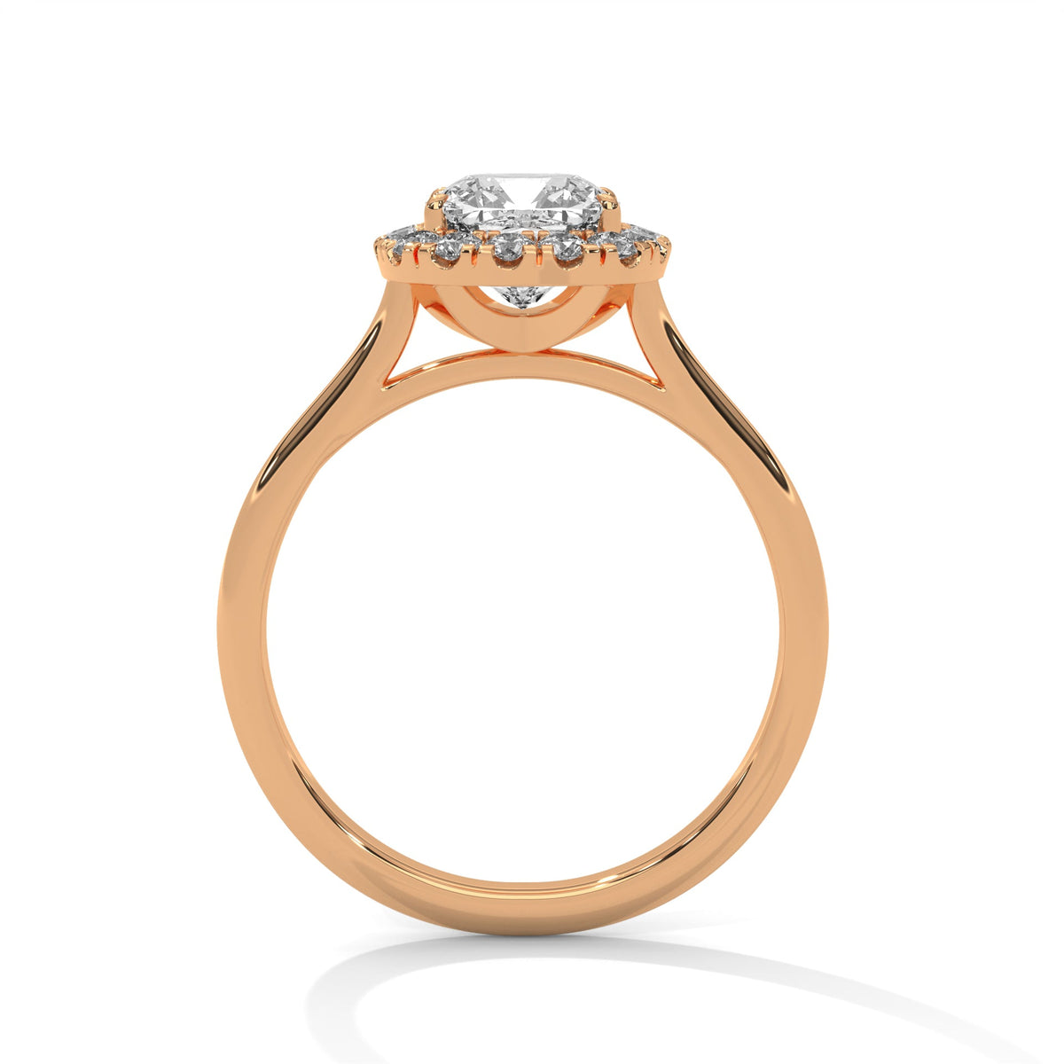 Rose gold ring with a large diamond on a white background 