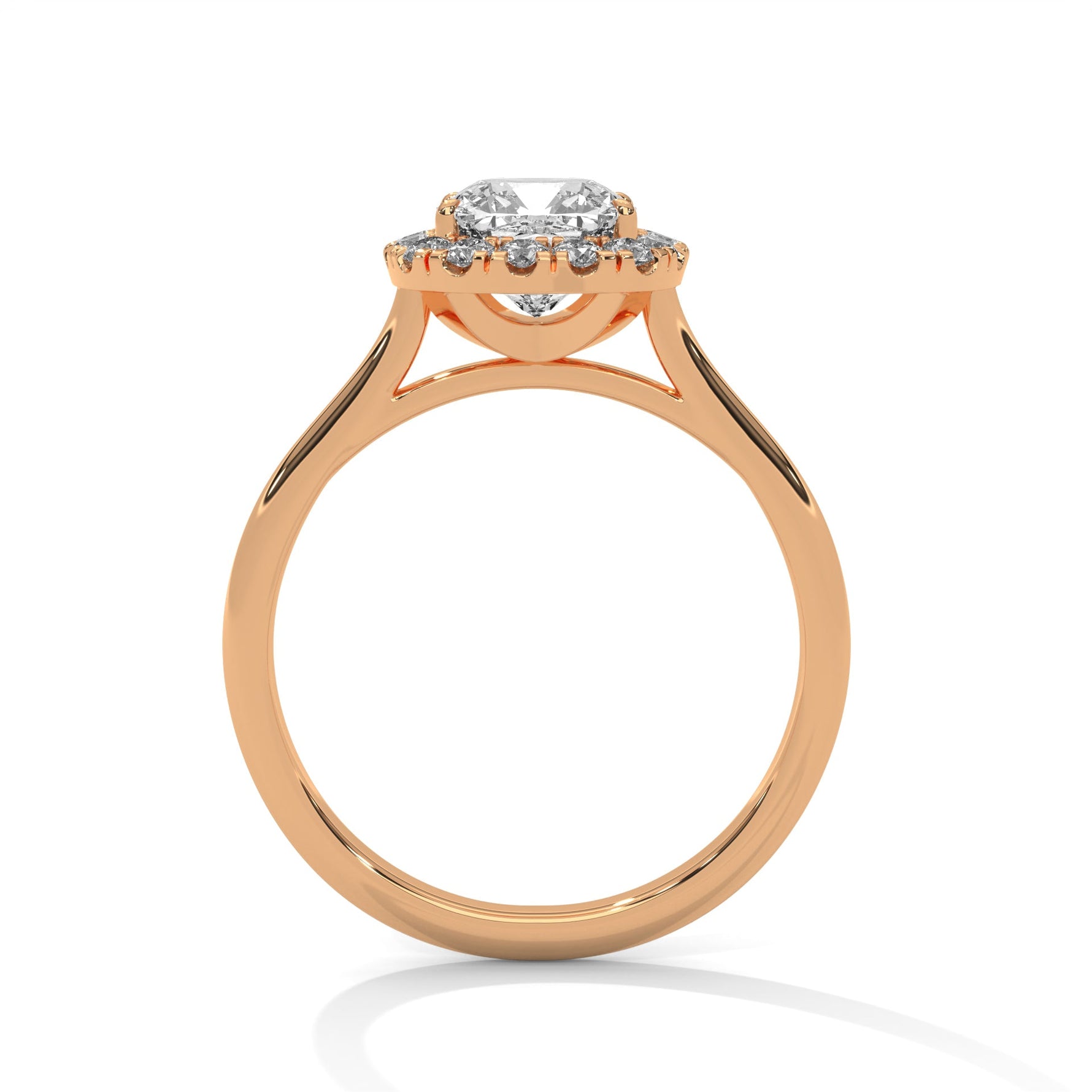 Rose gold ring with a large diamond on a white background 