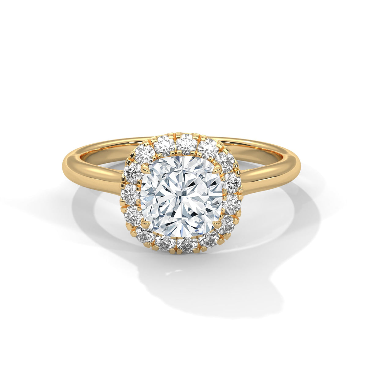 Gold ring with a large diamond on a white background 