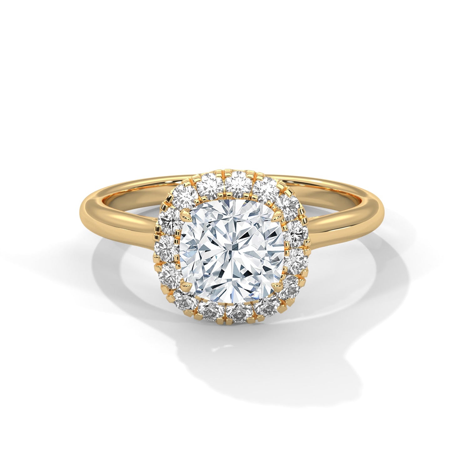 Gold ring with a large diamond on a white background 