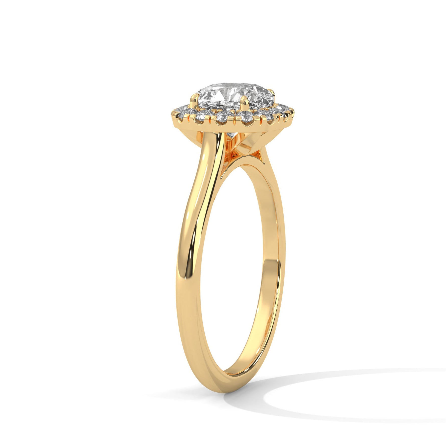 Gold ring with a large diamond on a white background 